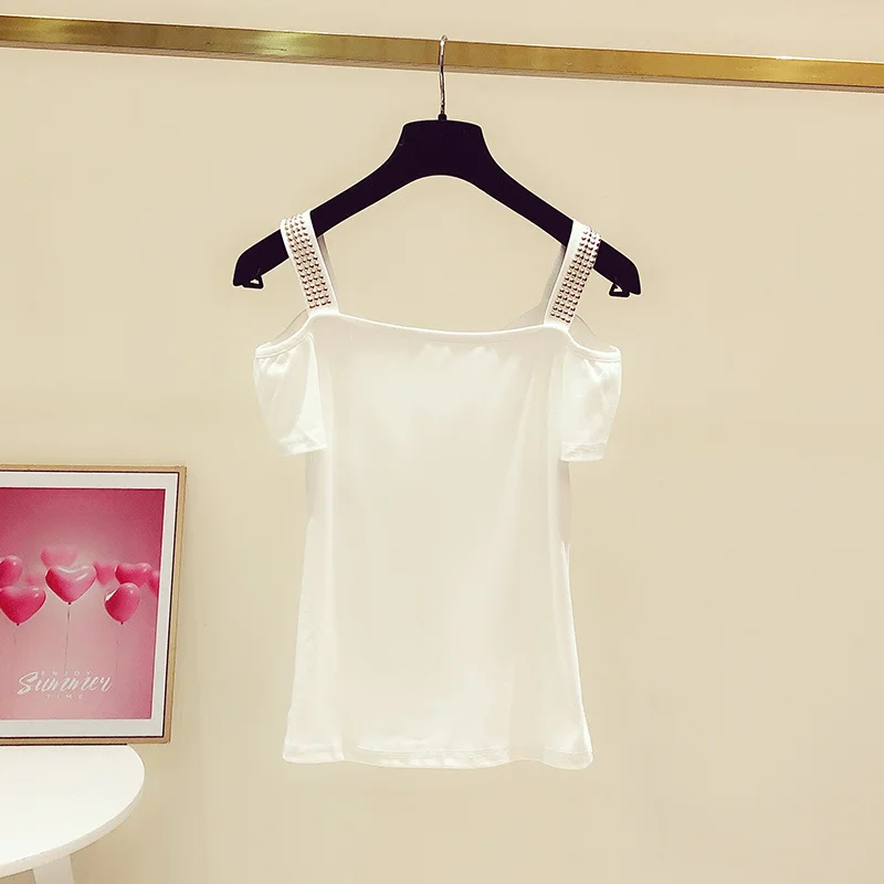 

Women Summer Rivets Slash-Neck Off Shoulder T Shirt Leisure Office Lady Loose Fit Short Sleeve Tops Sweet Black T Shirt S-XL