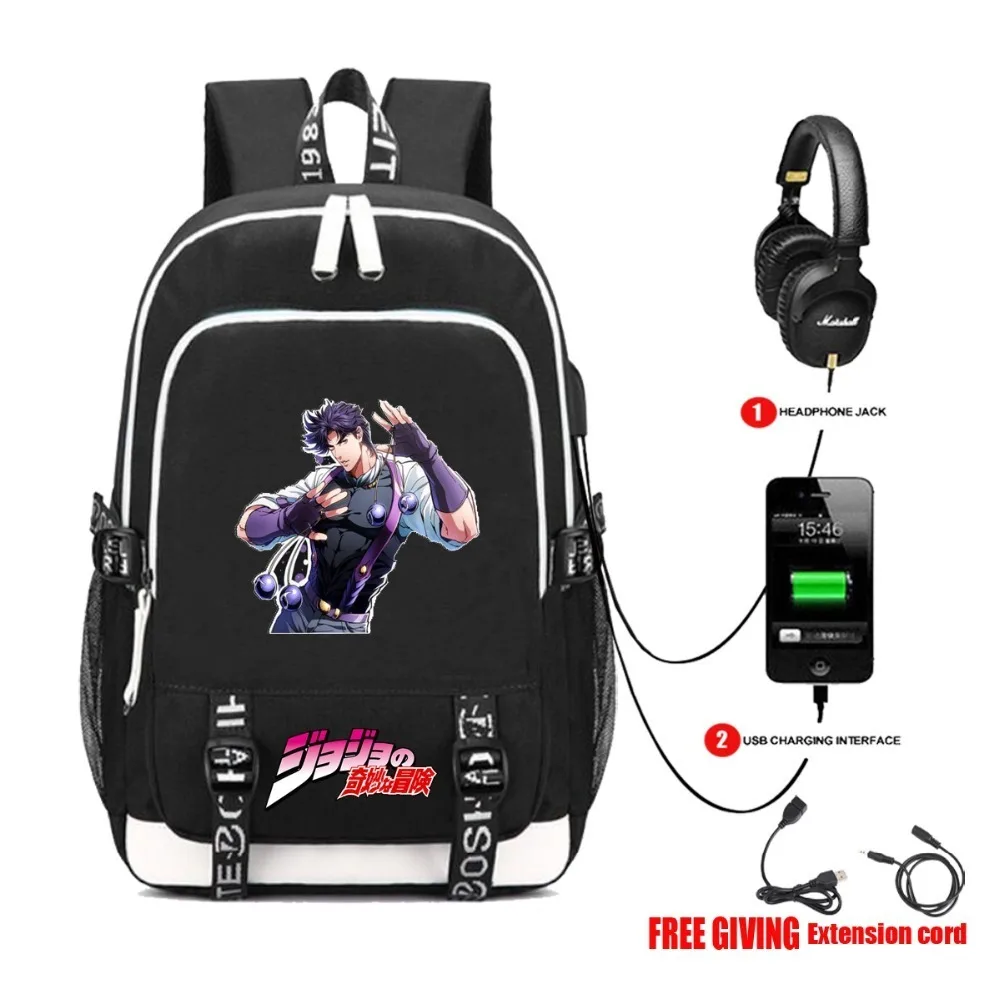 USB Charge Headphone Jack Teenagers School Bags Laptop Travel Backpack Shoulder Bags anime JoJo's Bizarre Adventure backpack