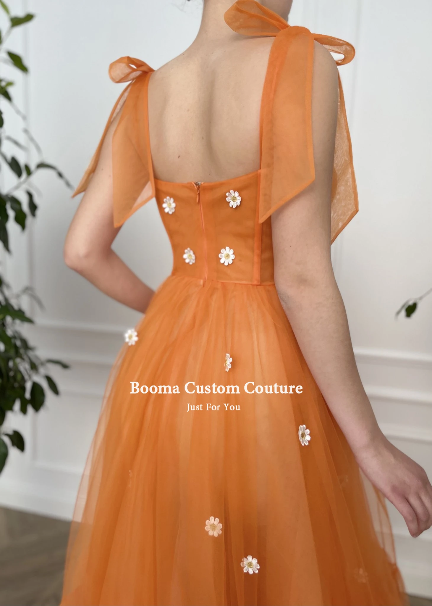 Booma Sweetheart Orange Tulle Prom Dresses Bow Straps Tea-Length Prom Gowns A-Line Midi Wedding Party Dresses Customized