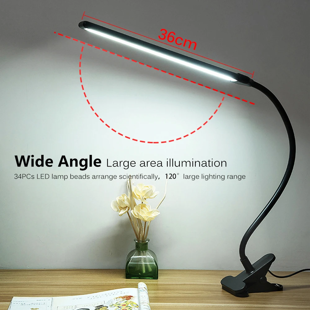 Clip LED Desk Lamp Table Light USB Charging Folding Dimmable Study Reading Light Brightness&Color Adjustable With Switch