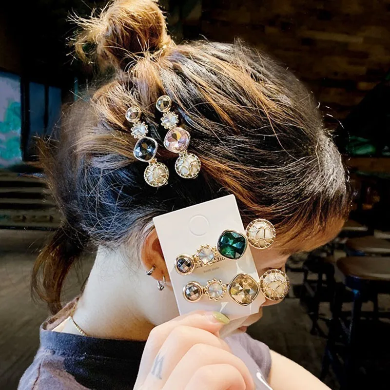 Ins Korean Crystal Barrettes for Women 2022 Fashion Geometric Crystal Hair Clips Hairpins Hair Accessories Jewelry Bobby Pins