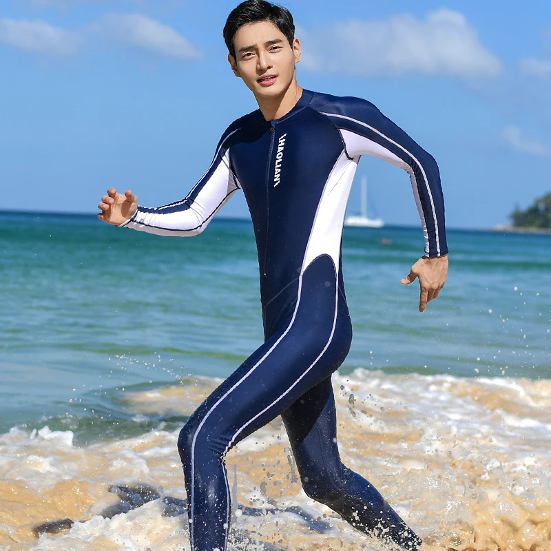 Long Sleeve Rash Guard Men Front Zipper One Piece Wetsuit Swimming Diving Suit Snorkeling Surfing Swimwear Beach Wear Body Suits