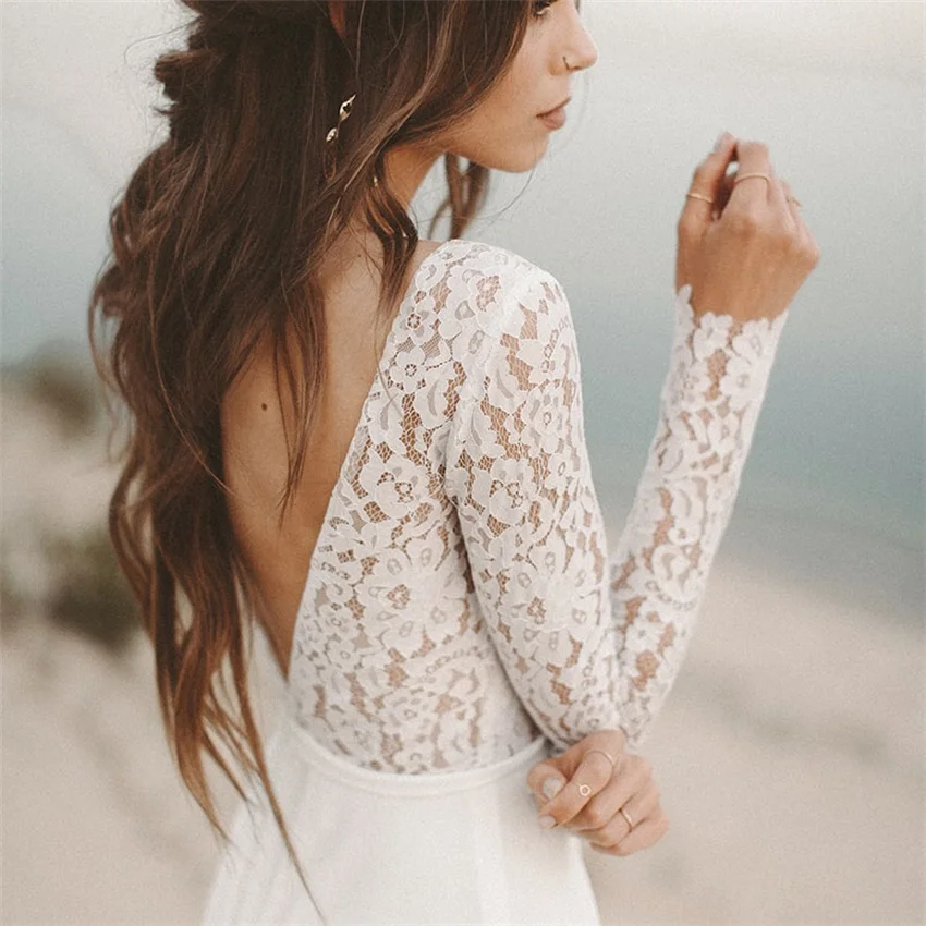 Robe de mariée en mousseline de soie, tenue de plage, manches longues, col en V, dos nu, style boho, 2020