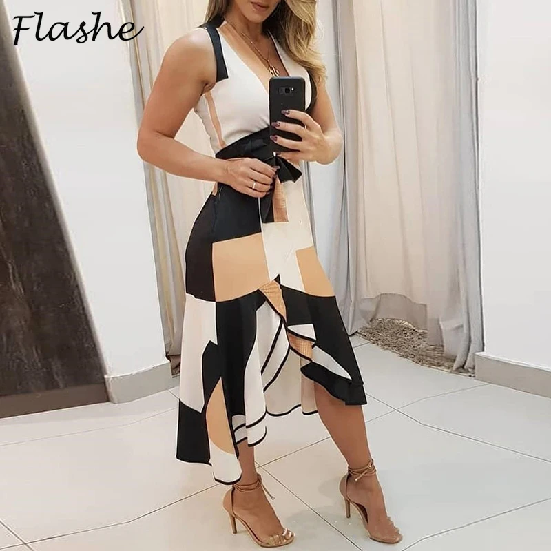 

Women Dresses 2021 Summer Print V-Neck Sleeveless Knot Tie Irregular Bohemia Dress Women Elegant Office Lady Casual Wear New