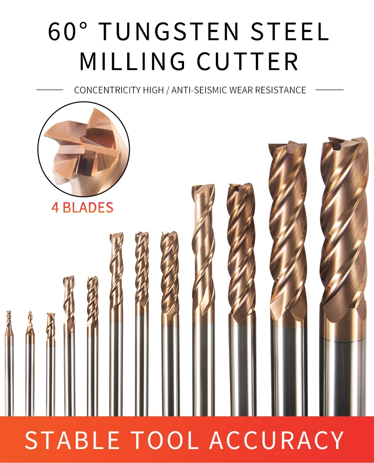 HRC 60 4-Flute Tungsten Steel Milling Cutter Tools 1.0-20.0mm CNC Machine Carbide Flat End Mills Alloy Coating Flat Metal