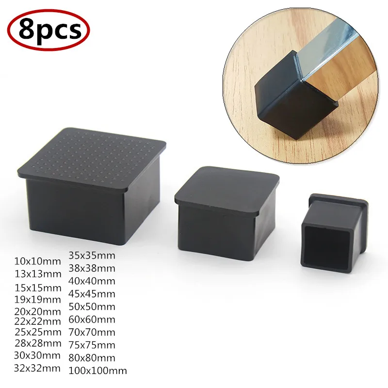 8PCS Black Square Rubber Chair Table Feet Furniture End Cover Caps 10 15 19 20 22 25 28 30 32 35 38 40 45 50 60 70 75 80 100mm