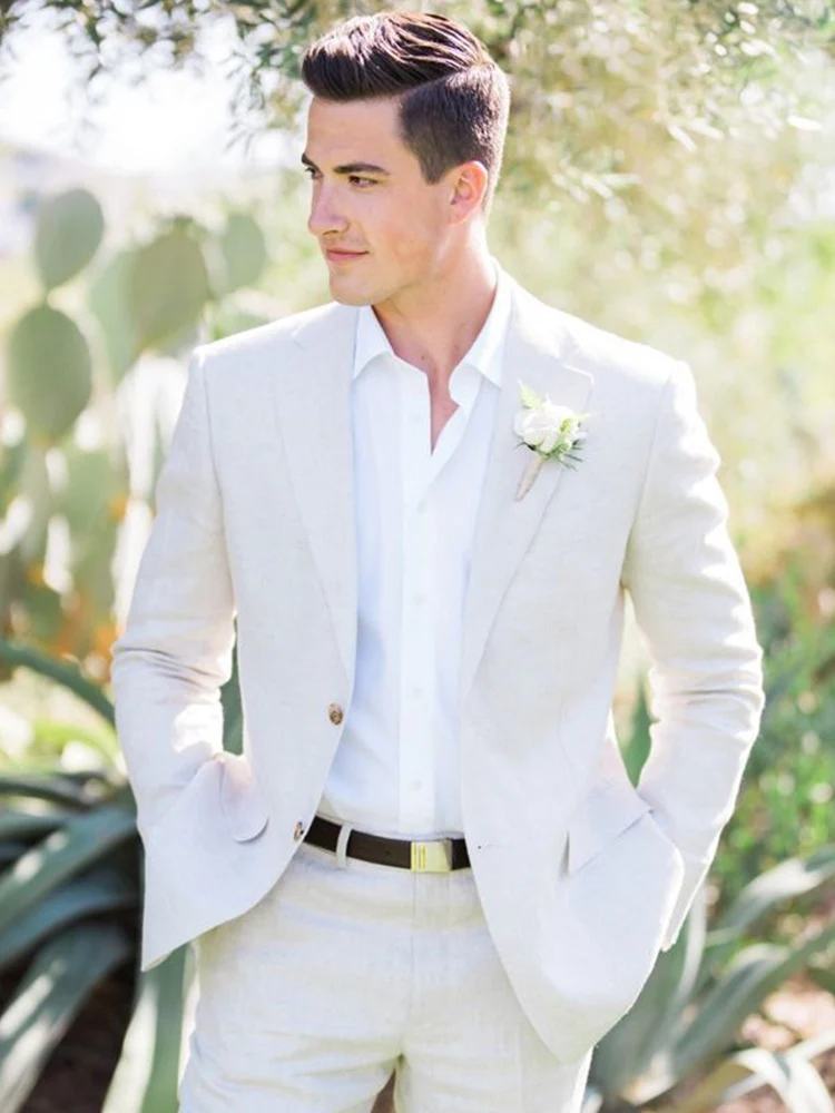 

ANNIEBRITNEY Summer Ivory Linen Men Suit With Pants 2 Piece Slim Fit Ivory Groom Wedding Tuxedo Custon Summer Linen Men Suit Set