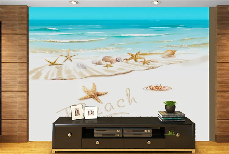 

3 d TV living room mural wallpaper blue sky white clouds sea shells ocean scenery wallpaper