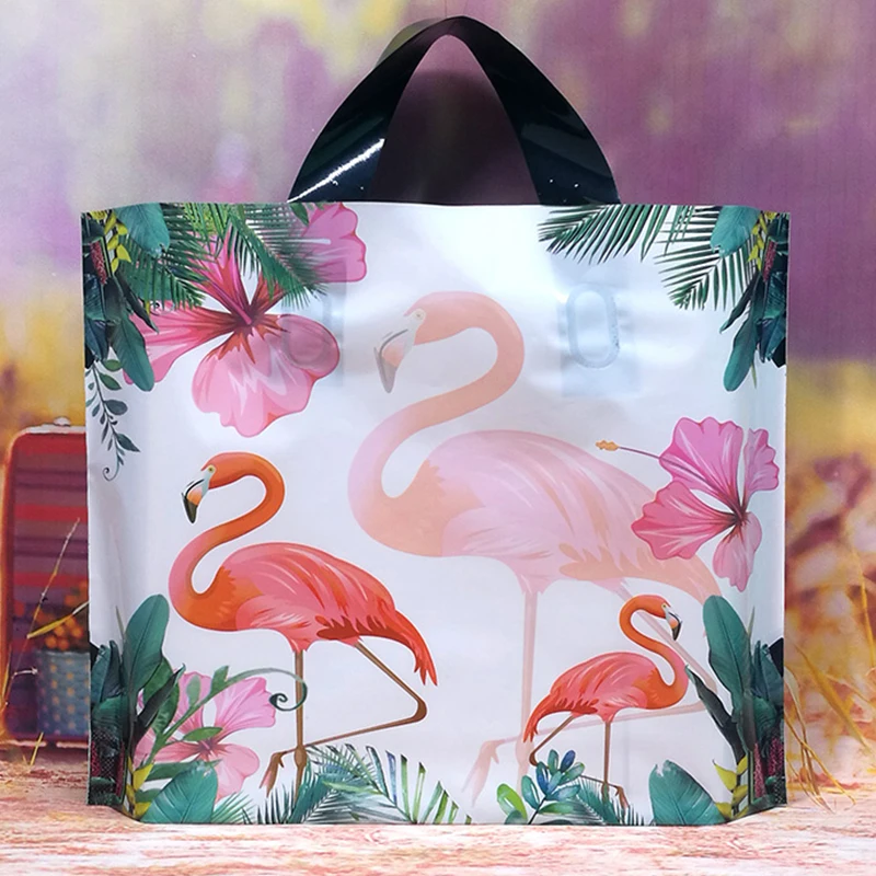 Bolsas de plástico gruesas con flamencos para la compra, bolsa de regalo de plástico con asa, embalaje grueso para ropa y regalos de Boutique, 10