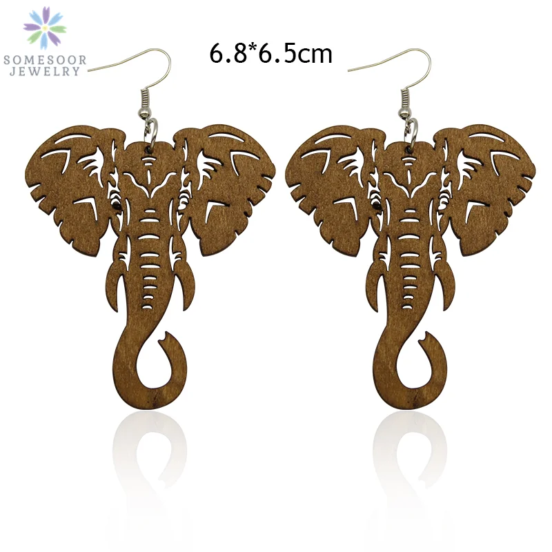 SOMESOOR 3 Colors Engraving Arican Elephant Wooden Drop Earrings Afrocentric Ethnic Tribal Eco Dangle Jewelry For Women Gifts