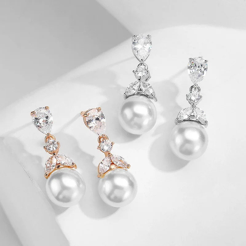 Floralbride Fashion Jewelry Bijoux Anti-allergic Cubic Zirconia Pearls Earrings Charm Drop Earrings Bridal Women Dangle Earrings