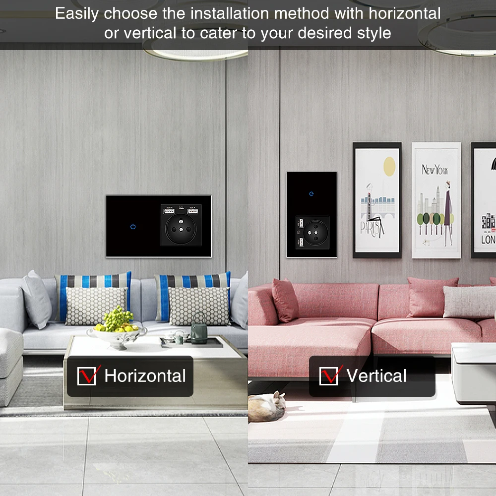 UBARO France Standard Wall Light Touch Switch With Tempered Crystal Glass Panel USB Socket Sensor Button Outlets Combination