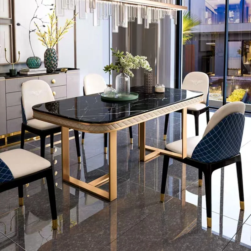 Luxury Italian Dining Table Set Modern Corner Marble Top Stainless Steel Dining Room Table