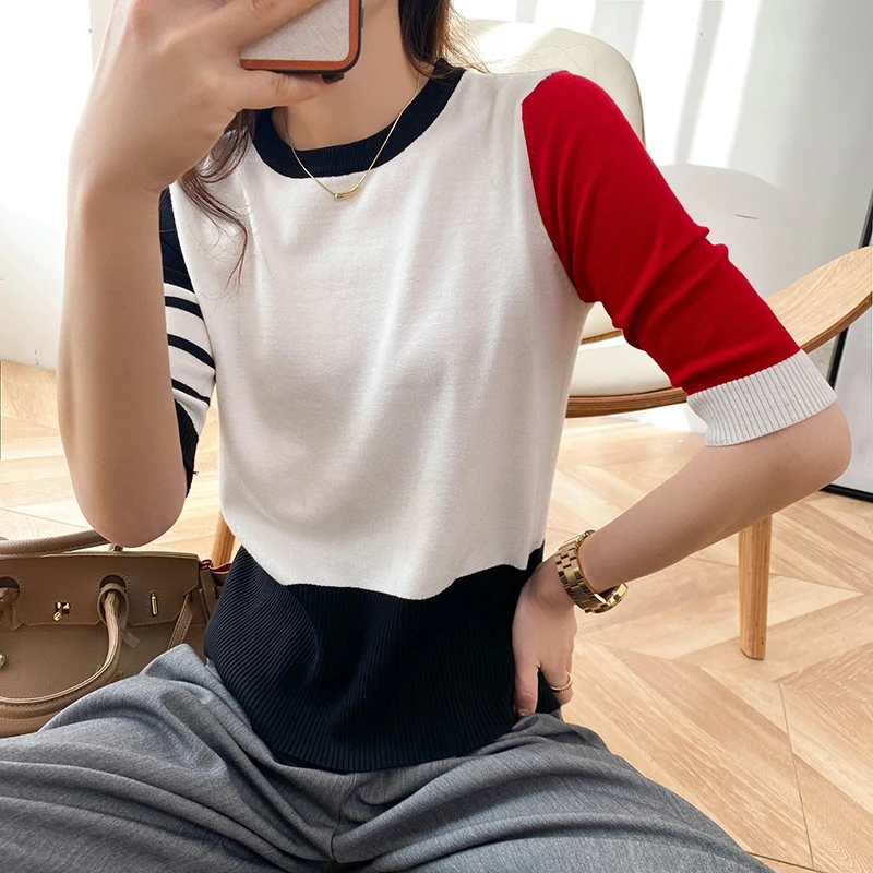 Short-sleeved  new women\'s summer trend design sense knitted cotton four-grid T-shirt top trendy loose