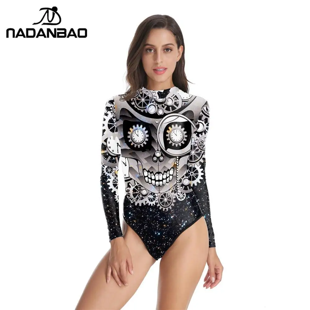 NADANBAO Swimsuit Women Long Sleeve Halloween Sexy One Piece Swimsuit Printed Sport Swimwear Beach Party Swimming Suit