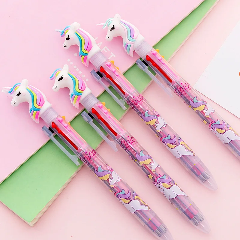 16 pcs Lovely Creative Six-color Unicorn Ball Pen Dream Rainbow Unicorn Multicolor Signature Pen Student Stationery Wholesale