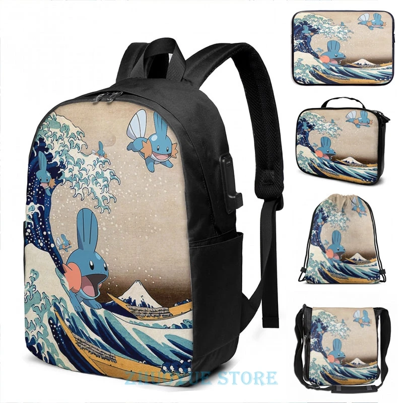 Funny Graphic print Mudkip Wave USB Charge Backpack men School bags Women bag Travel laptop bag