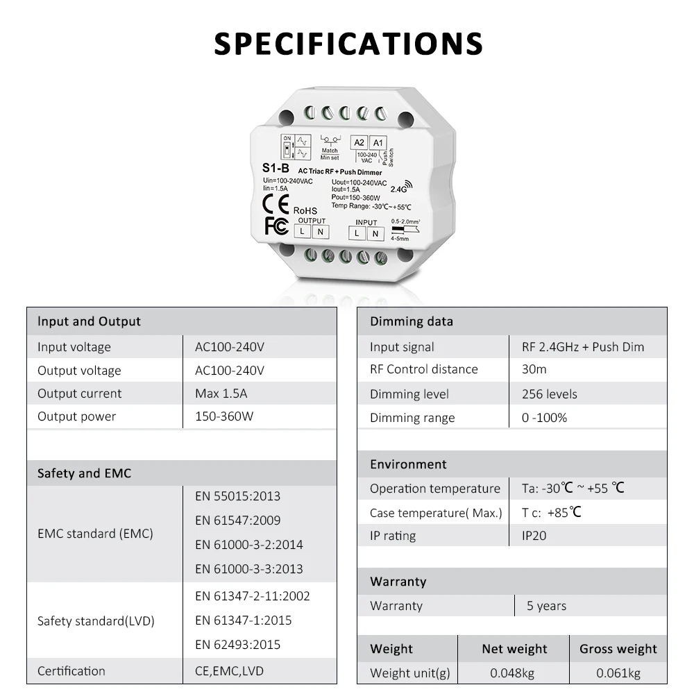 Ac Triac Dimmer 220V 230V 110V Led Lamp Push Pwm Dimmer 2.4G Wireless Rf Touch afstandsbediening S1-B Dimeer 220V