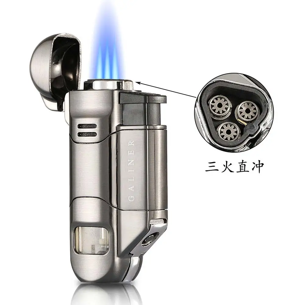 GALINER Brand New Cigar Lighter Windproof 3 Jet Blue Flame Butane Torch Lighter Gas Refillable Pocket Cakmak Smoking Tool