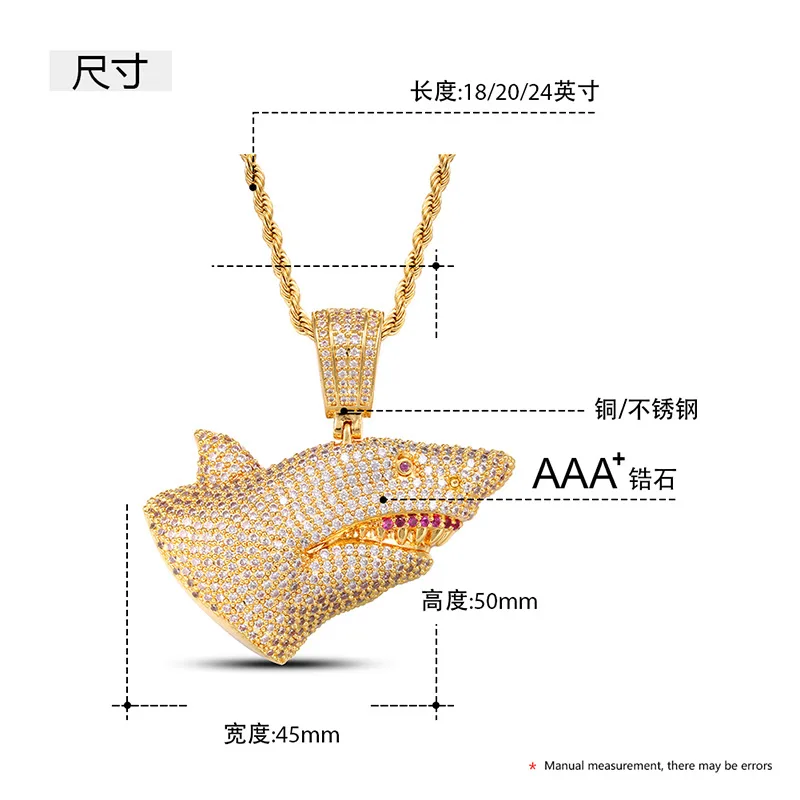 Ice Out Cubic AAA+ Zircon Domineering Shark Pendant Necklace Hip Hop Gold Silver Rose Gold Color Charm Jewelry for Men Women