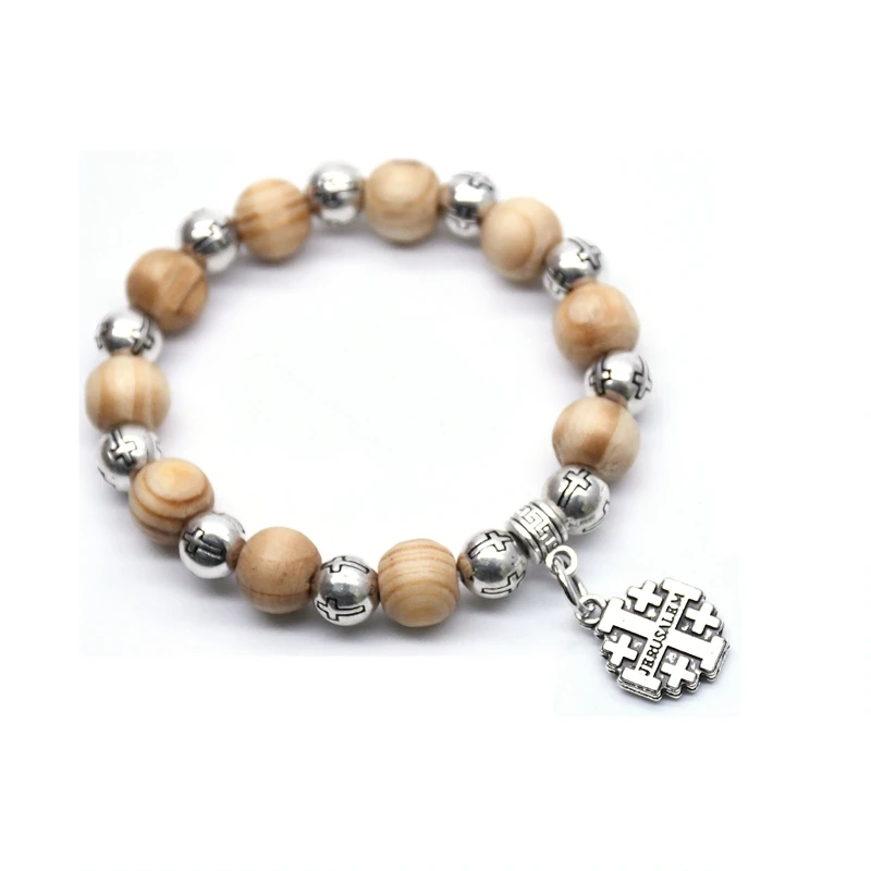 QIGO Virgin Christ Cross Bracelet Wood Plastic Beads Strand Bracelet For Men Women Religious Jewelry