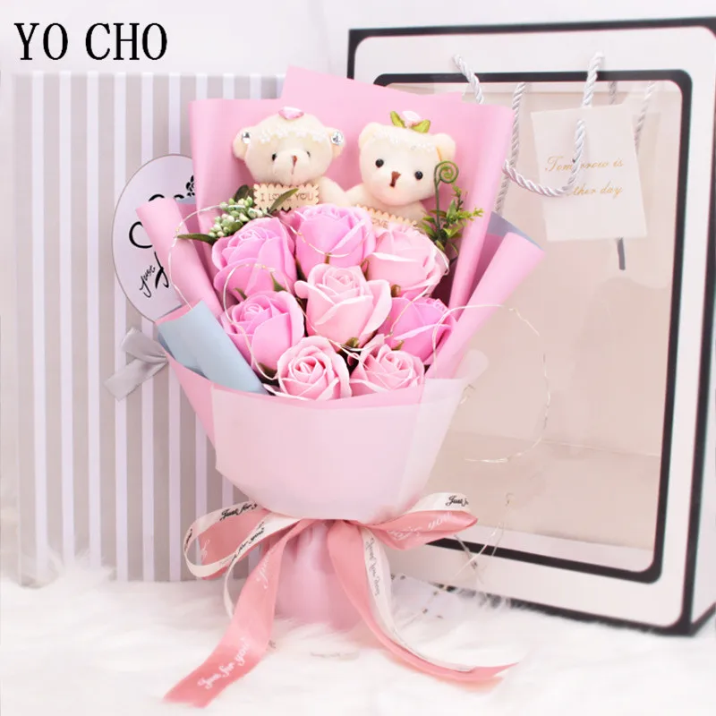 Artificial Flower Rose Bear Soap Flower Bouquet + LED Light + Gift Bag Gift Box Valentine's Day Wedding Decoration Birthday Gift