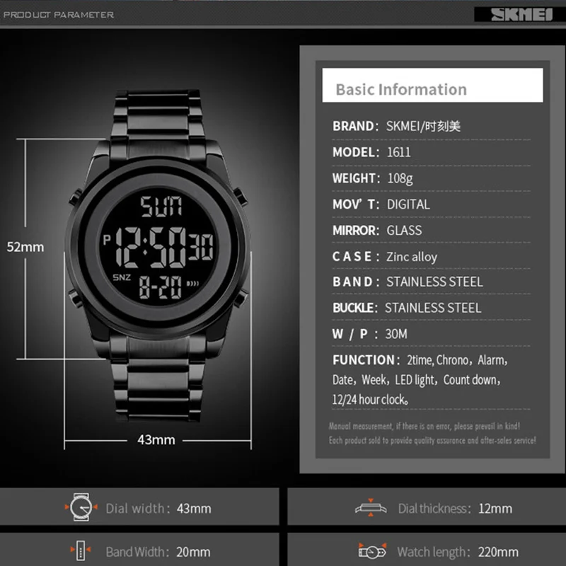 Imagem -06 - Skmei Relógio Digital Led para Homens Relógio Impermeável de Aço Inoxidável Digital com Display Led para Homens