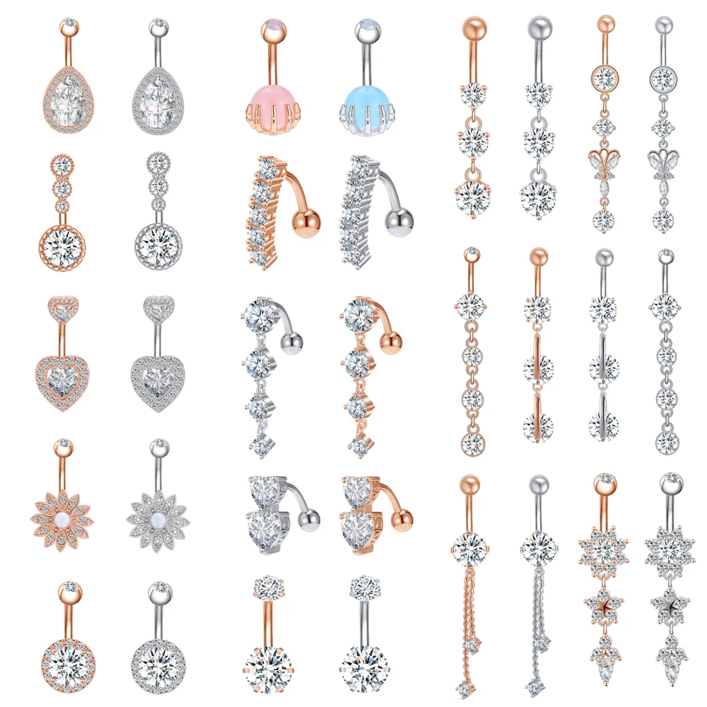 Stainless Steel Belly Button Rings 14g Drop Dangle Belly Rings for Women Opal Belly Navel Piercing Rose Gold Plated Body Jewelry