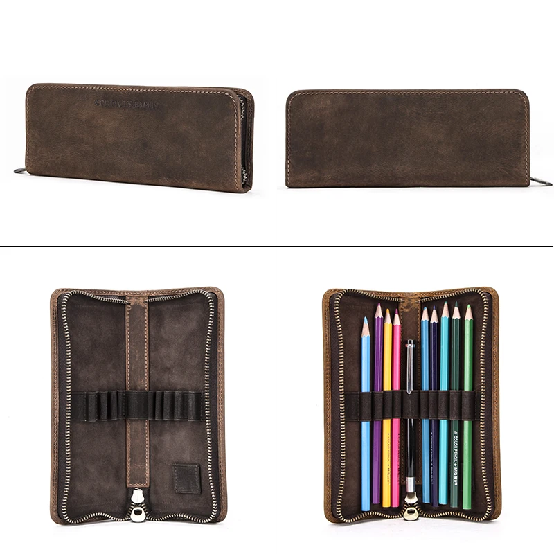 วัวแท้หนังซิปปากกากระเป๋าดินสอกระเป๋าปากกากระเป๋า Retro ดินสอกรณีเครื่องเขียนโรงเรียนกระเป๋าสำหรับปากกาน้ำพุง่ายสไตล์