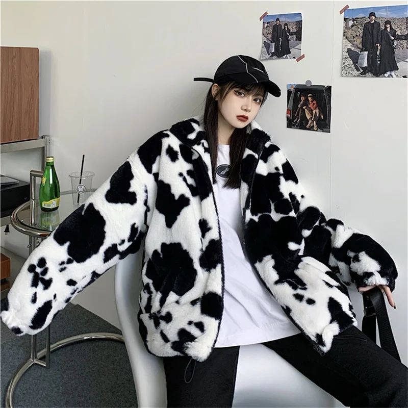 Korean Winter New Fashion Coat Harajuku Cows Printing Loose Full Sleeve Leather Jacket Vintage Flannel Keep Warm Cotton Clothes