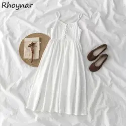 Sleeveless Dress Women White Fairy Korean Style Tender Button Simple Leisure Summer Vestdios Female Lady Sexy Daily Elegant Ins