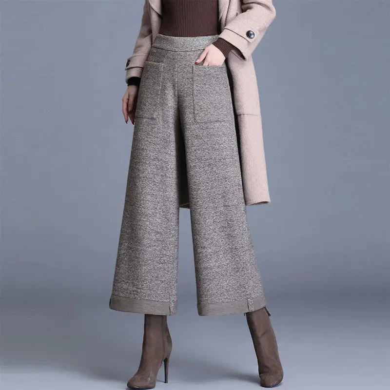 Woolen Wide Leg Pants Women's High Waist Capri-Pants Fall Winter Loose Casual Pants Vintage Cuffs Woolen Pants Plus Size 4XL 5XL