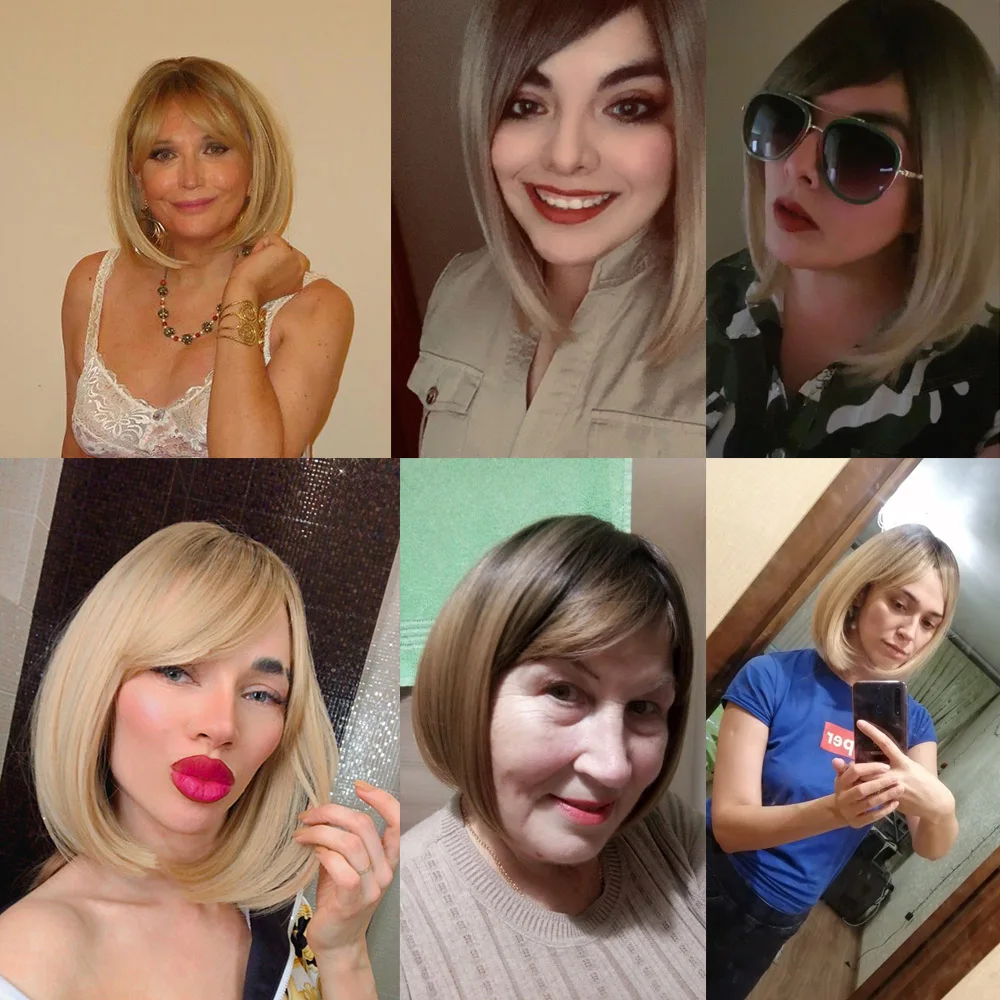 Krótkie proste Ombre brązowe syntetyczne blond peruki z Bangs dla kobiet bobo fryzura Cosplay żaroodporne naturalne włosy peruki