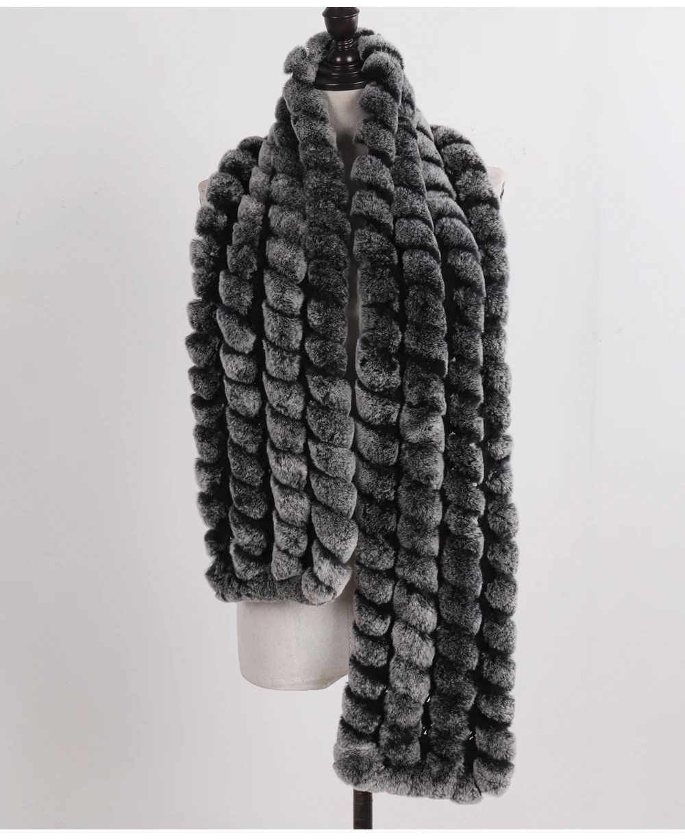 Neue Marke Gestrickter Modischer Damen Echt Rex Kaninchenfell Schal Frauen Winter Warmer Natürlicher Pelzschal Langer Stil Echter Pelz Halswärmer – Detail 6