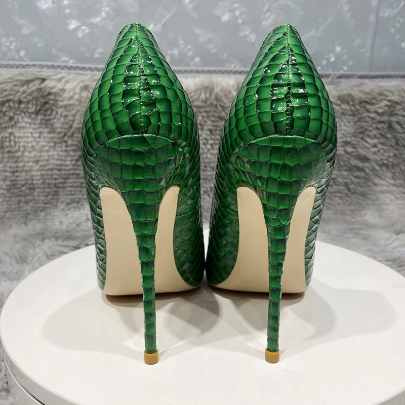 Tikicup Green Crocodile Effect Women Sexy Pointy Toe High Heel Party Dress Shoes 8cm 10cm 12cm Slip On Stilettos Pumps Plus Size