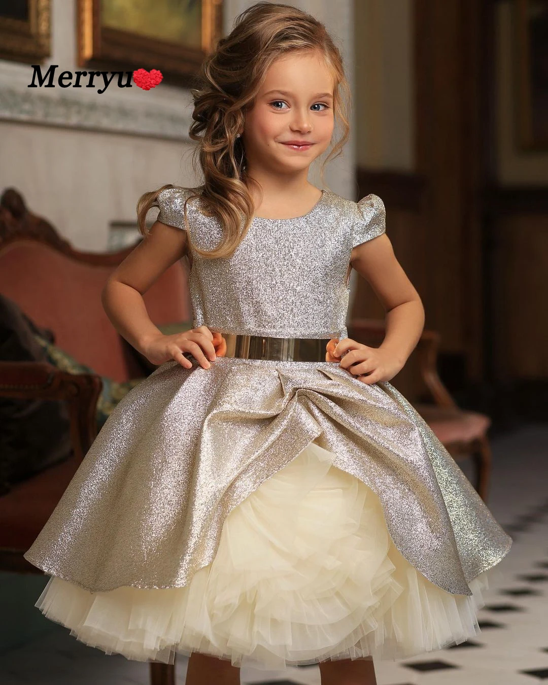 Kids Glitter Sequin Celebrity Dresses Gold Belt Tulle Layer Flower Girls Dresses Shiny Girl Birthday Dress New Year