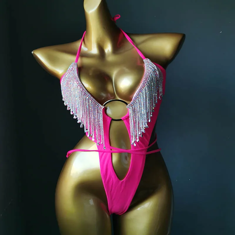 

Women DJ Pole Dance Rhinestones Leotard Nightclub Bar Costume Rose V-neck Backless Crystal Tassel Bikini Bodysuit Stage Wear