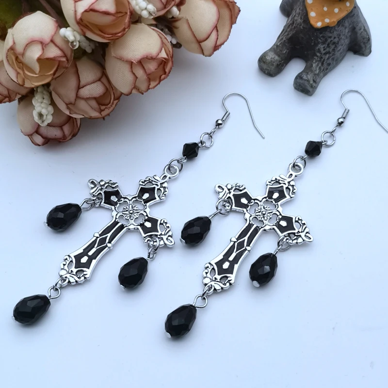 Black Cross Garnet and Crystal Chandelier Earrings Goth Large Trad Gothic Statement Jewelry Rock Gorgeous Fashion Women Gift