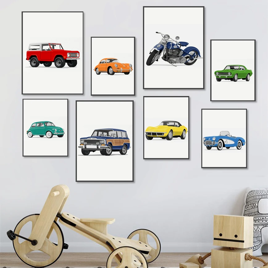 Cartoon Traffic Tool Canvas Painting Nordic Colourful Motorcycle Car Posters and Prints Wall Art Pictures for Kids Room Decor