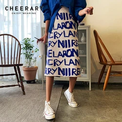 CHEERART Sweater Skirt Women Letter Print Knitted Korean Skirt Hgih Waist Long Winter Wrap Skirt Warm Designer Fashion