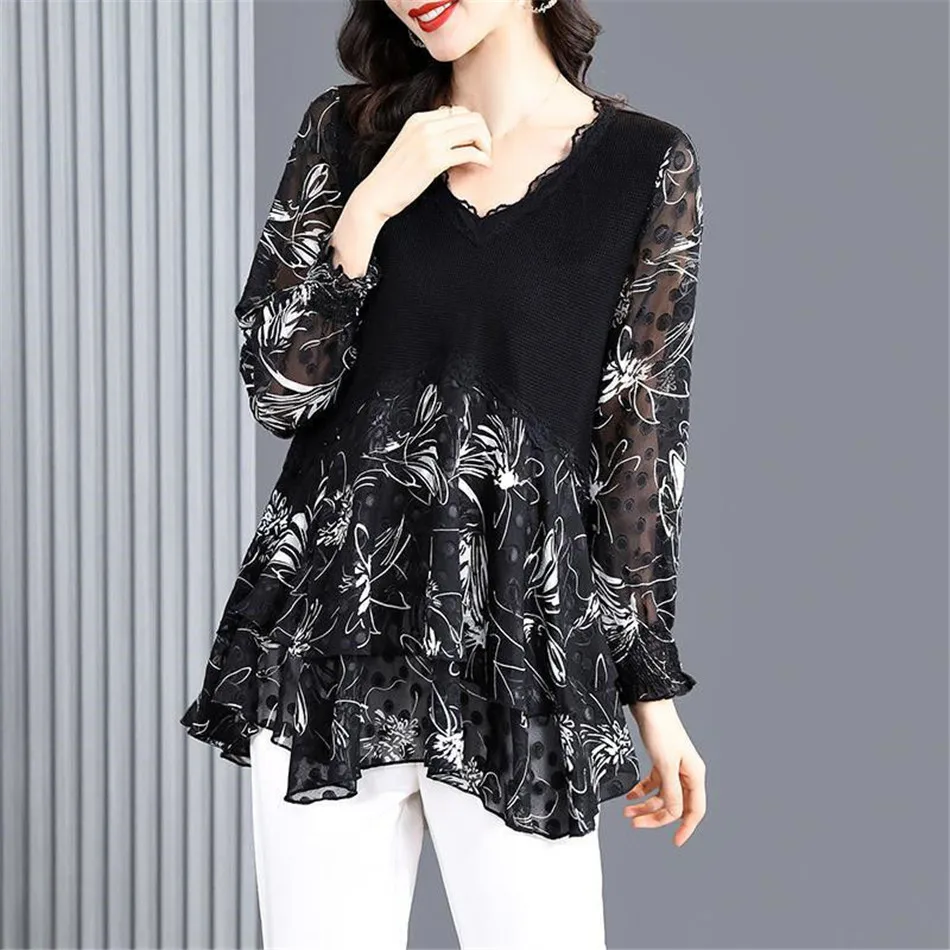 Spring Autumn Women Elegant Blouses Long Sleeve V-Neck Casual Ladies Fashion Temperament Splice Tops Blusas MM1456