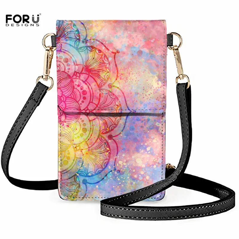 Shoulder Bags Rainbow Boho Mandala Design for Women Fashion PU Leather Touch Screen Mobile Phone Pouch Girls Phone Bags