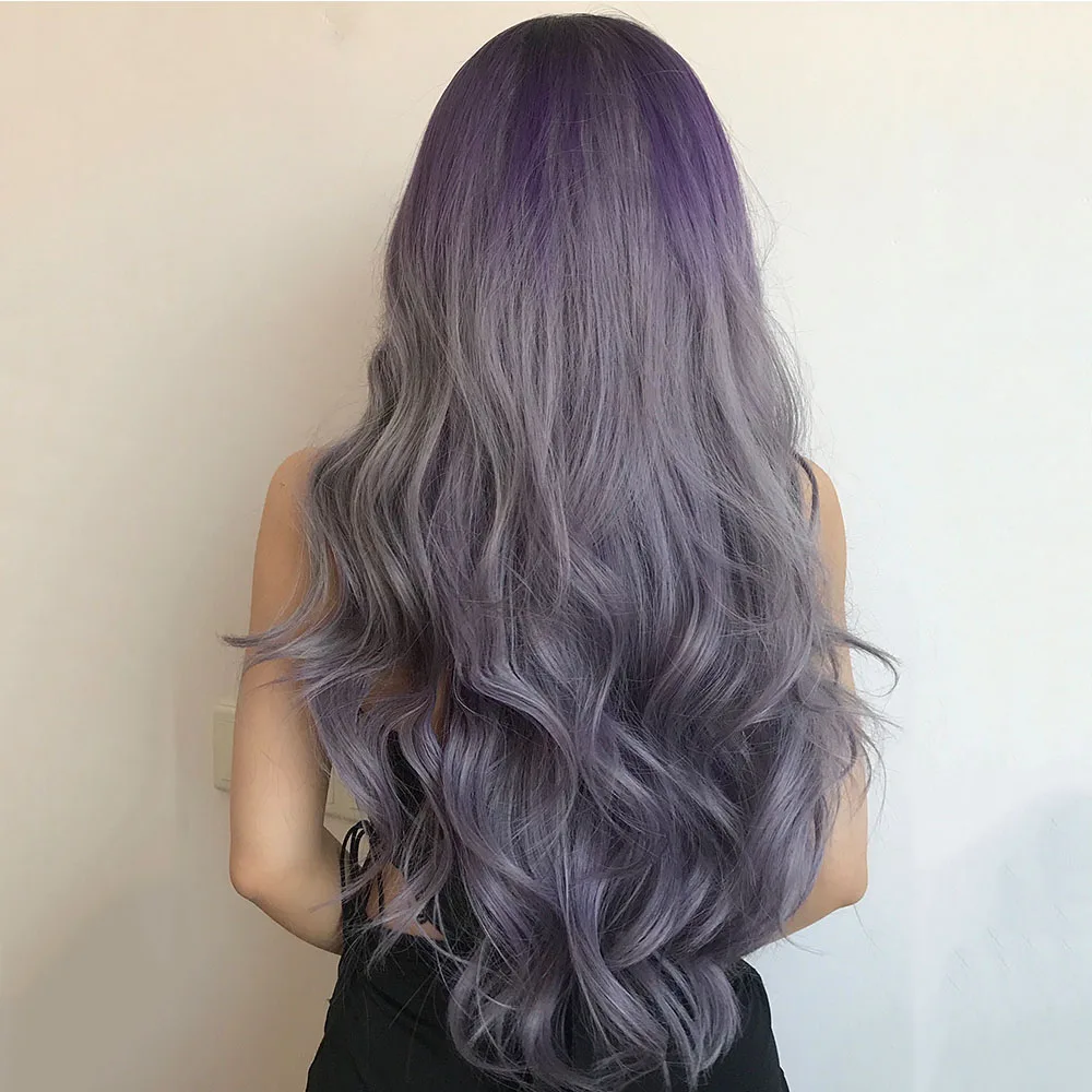 HENRY MARGU Ombre Purple Ash Long Synthetic Wigs for Women Body Wave Hair Heat Resistant Natural Colorful Cosplay Lolita Wig