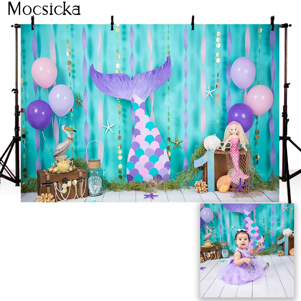 Toile de fond de princesse sirène violette pour la photographie, arrière-plan sous la mer, studio photo, photobooth d'aventure perlée et de sagesse