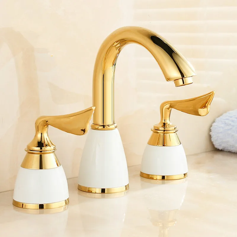 3 Pieces Set Bathtub Faucet Deck Mounted Gold Luxury Bathroom Tub Mixer 3 Holes Widespread Bath Faucet Set Sink Tap