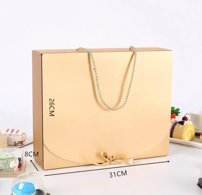 

100pcs 31cmx26cmx8cm Large Gold Gift Box With Rope Scarf clothing Packaging Color Paper Box with ribbon Underwear packing box SN