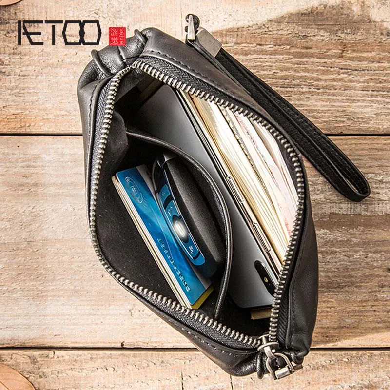 AETOO Leather long zipper wallet handbag grab bag leather casual men\'s leather bag retro hand bag