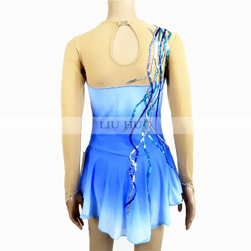 LIUHUO Women Girl Adult Performance Ballet Gymnastics Competition Leotard Ice Figure Skating Dress Dance Blue Gradient Roller