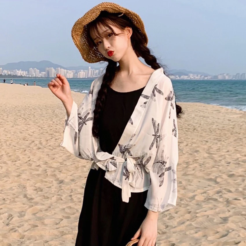 

Summer Thin Japanese Kimono Haori Cardigan Women Fashion Blouse Print Traditional Dress Short Chiffon Streetwear Yukata Blouse