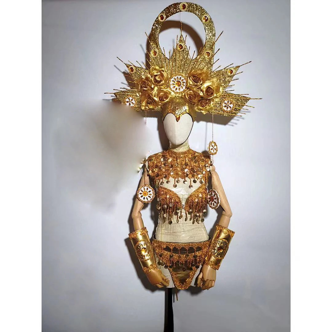 Gold Sun goddess cosplay costume sexy women gogo nightclub bar stage show wear golden bikini headwear set